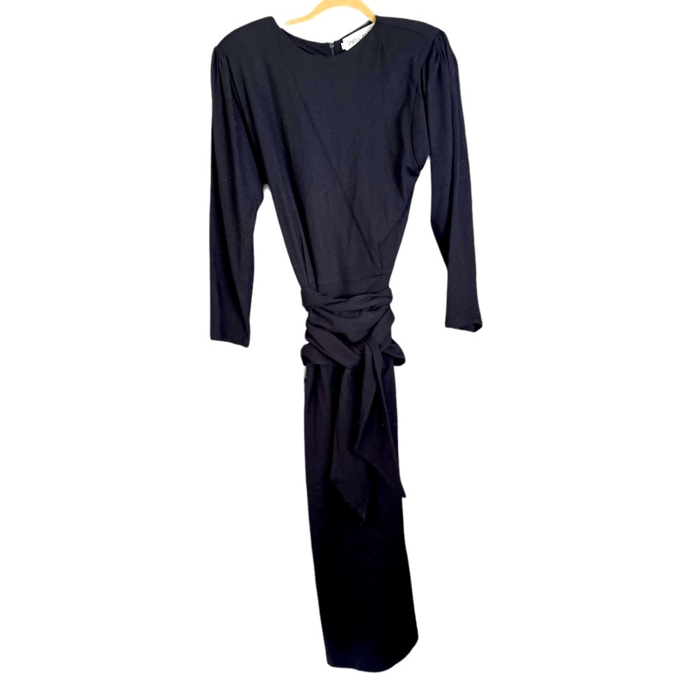 Vintage Sara Campbell Black 100% Wool Ling Sleeve‎ Wrap Tie Waist MIDI Dress L